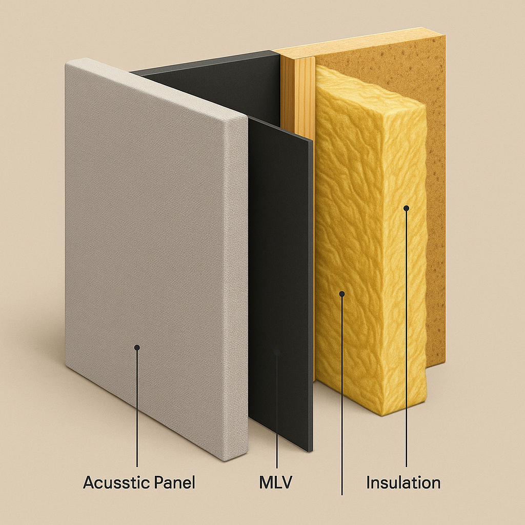 Wall layers in cross-section: panels, MLV, insulation